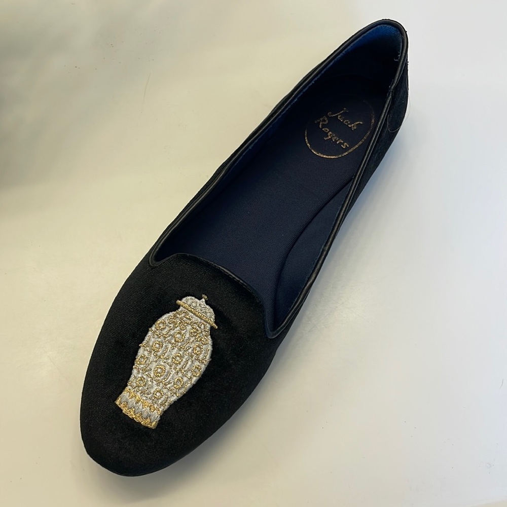 Jack Rogers Black Suede Loafer with Gold Embroidered Motif